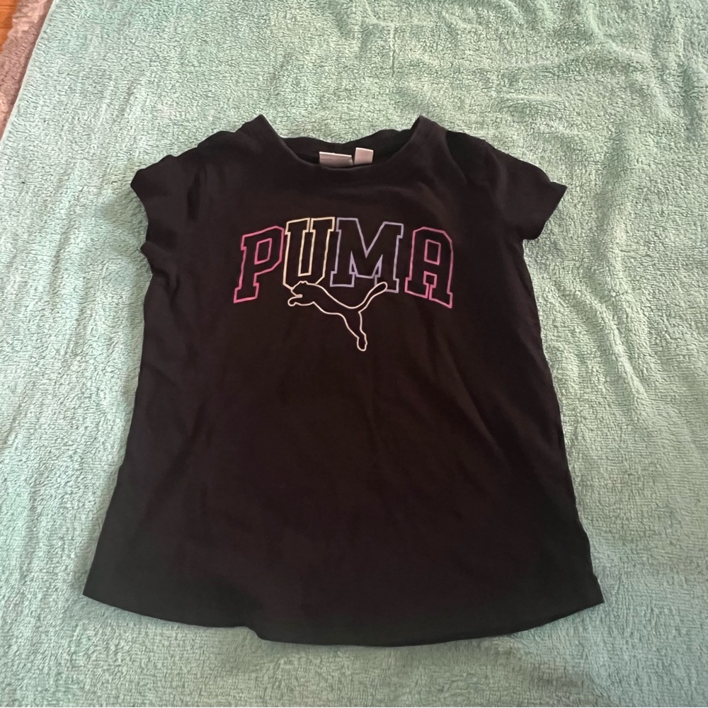 PUMA Kids Black Tee with Multicolor Logo